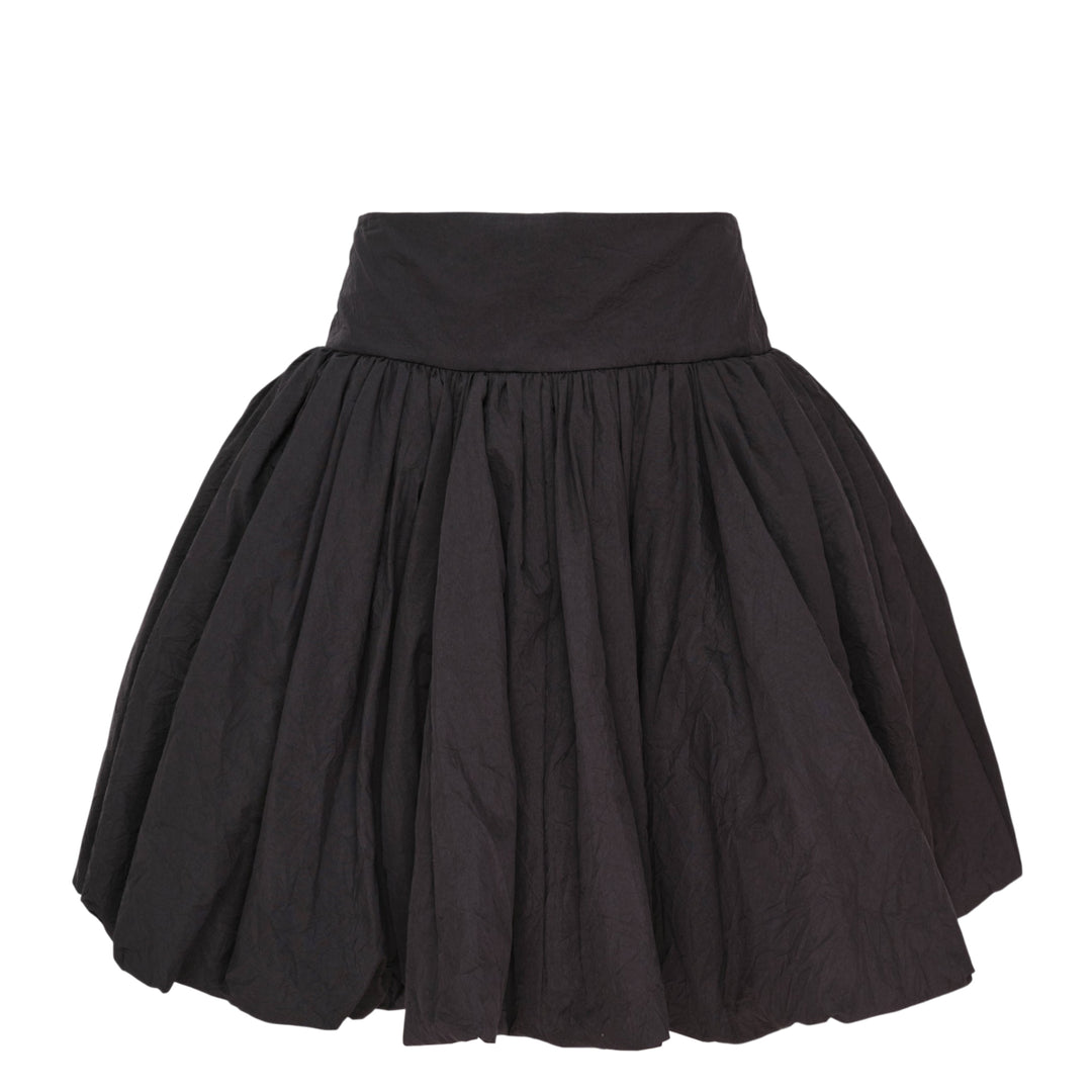 pushBUTTON black balloon volume mini skirt with wide structured waistband and dramatically gathered crinkle-textured fabric tapering at the hem