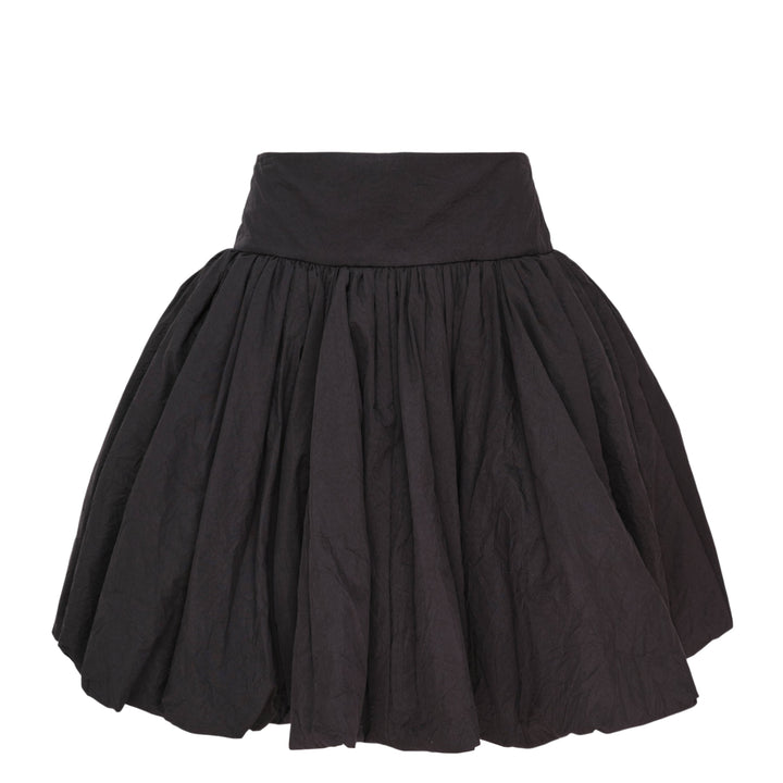 pushBUTTON black balloon volume mini skirt with wide structured waistband and dramatically gathered crinkle-textured fabric tapering at the hem
