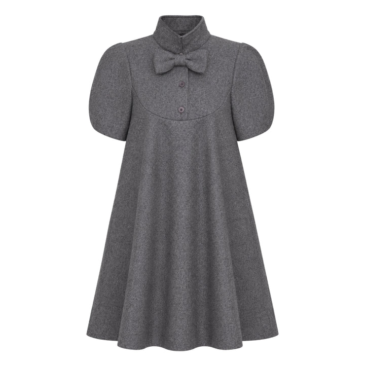 pushBUTTON gray heathered wool-blend mini dress with oversized bow collar, curved chest yoke, button placket, and puff sleeves in a flared A-line silhouette