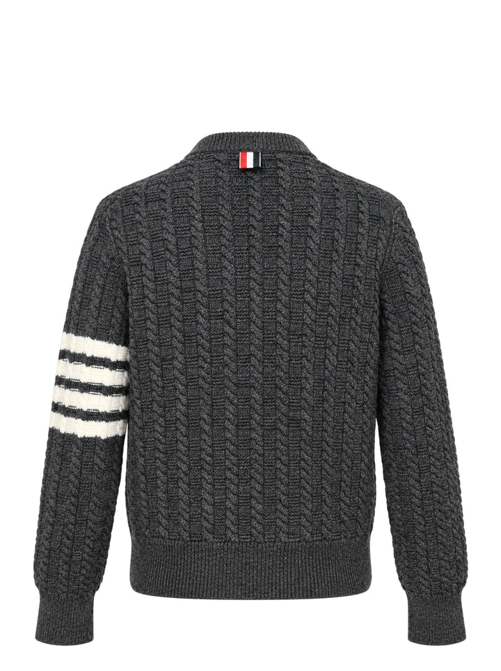 Thom Browne charcoal cable-knit crewneck sweater with cream anchor intarsia on the front and signature 4-bar stripe on the sleeve - view 2
