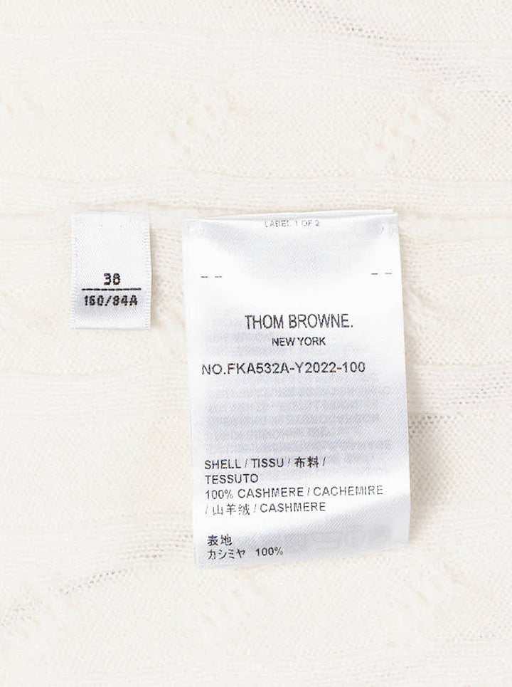 Thom Browne cream baby cable-knit short sleeve turtleneck with grey tipping and 4-bar stripe on the sleeve - view 3