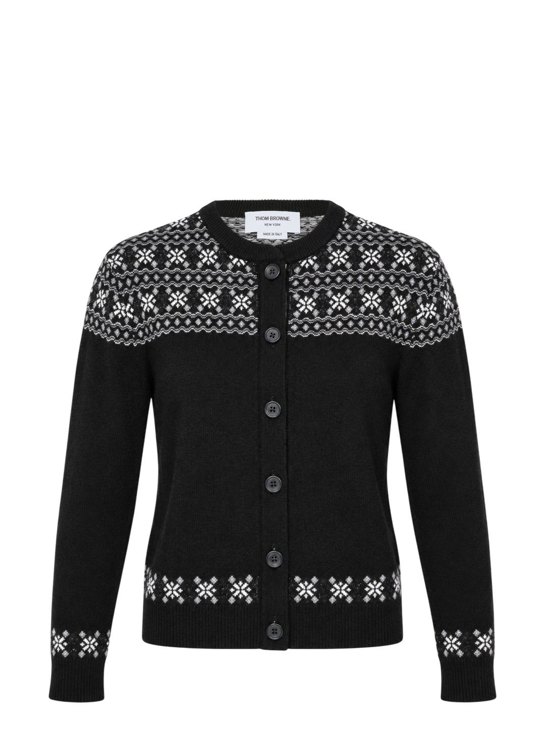 Thom Browne black crewneck cardigan with white and grey snowflake Fair Isle yoke, hem and cuffs, shown front-facing with button-through closure