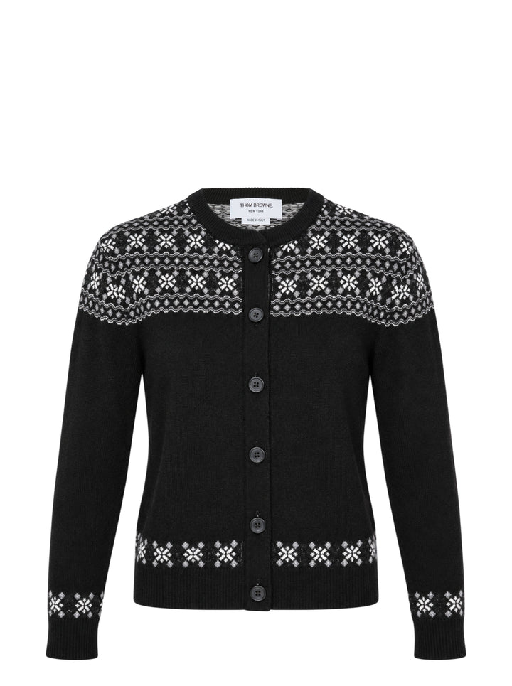Thom Browne black crewneck cardigan with white and grey snowflake Fair Isle yoke, hem and cuffs, shown front-facing with button-through closure