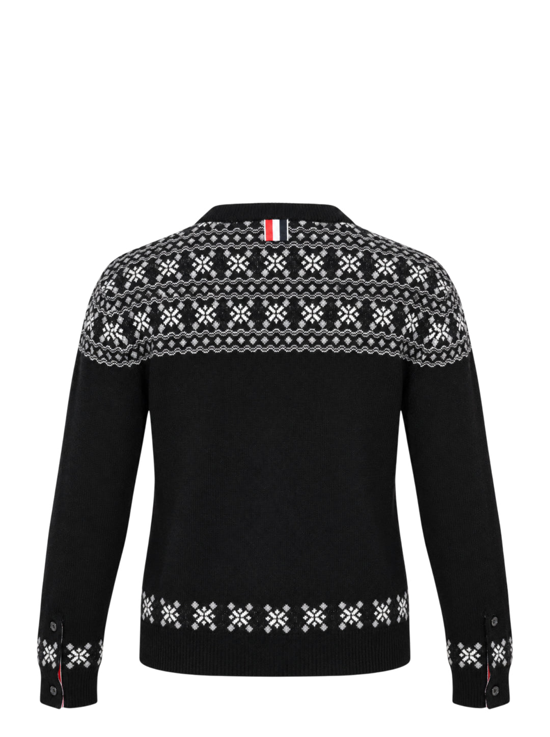 Thom Browne black crewneck cardigan with white and grey snowflake Fair Isle yoke, hem and cuffs, shown front-facing with button-through closure - view 2