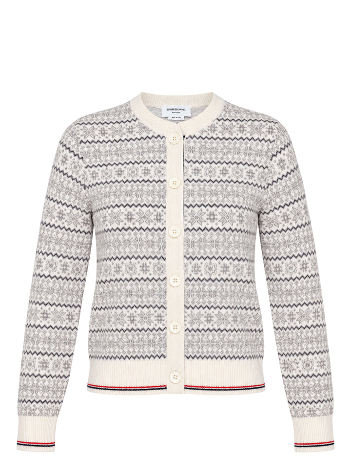 Thom Browne snowflake Fair Isle cardigan with crew neckline, button front and red, white and blue tipped ribbed hem and cuffs