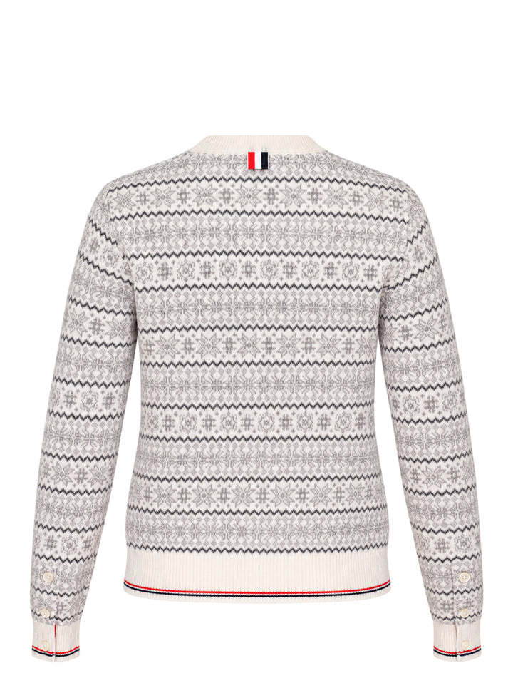 Thom Browne snowflake Fair Isle cardigan with crew neckline, button front and red, white and blue tipped ribbed hem and cuffs - view 2