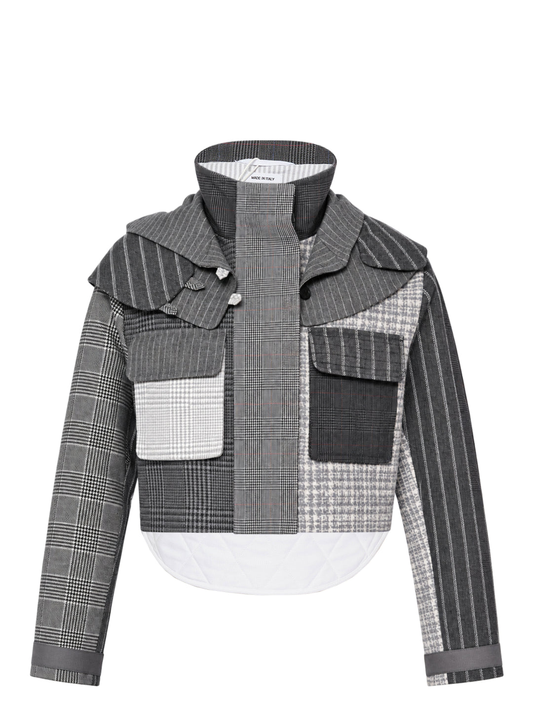 Thom Browne cropped tailored parka in grey patchwork of pinstripe, glen check and houndstooth with layered collar, flap chest pockets and quilted white curved hem