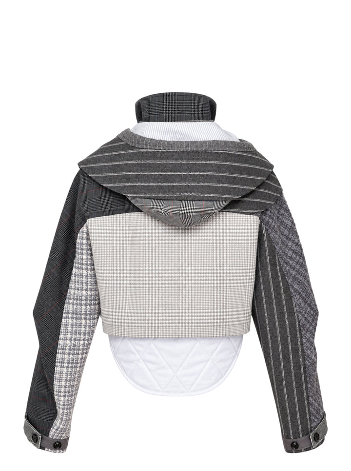 Thom Browne cropped tailored parka in grey patchwork of pinstripe, glen check and houndstooth with layered collar, flap chest pockets and quilted white curved hem - view 2