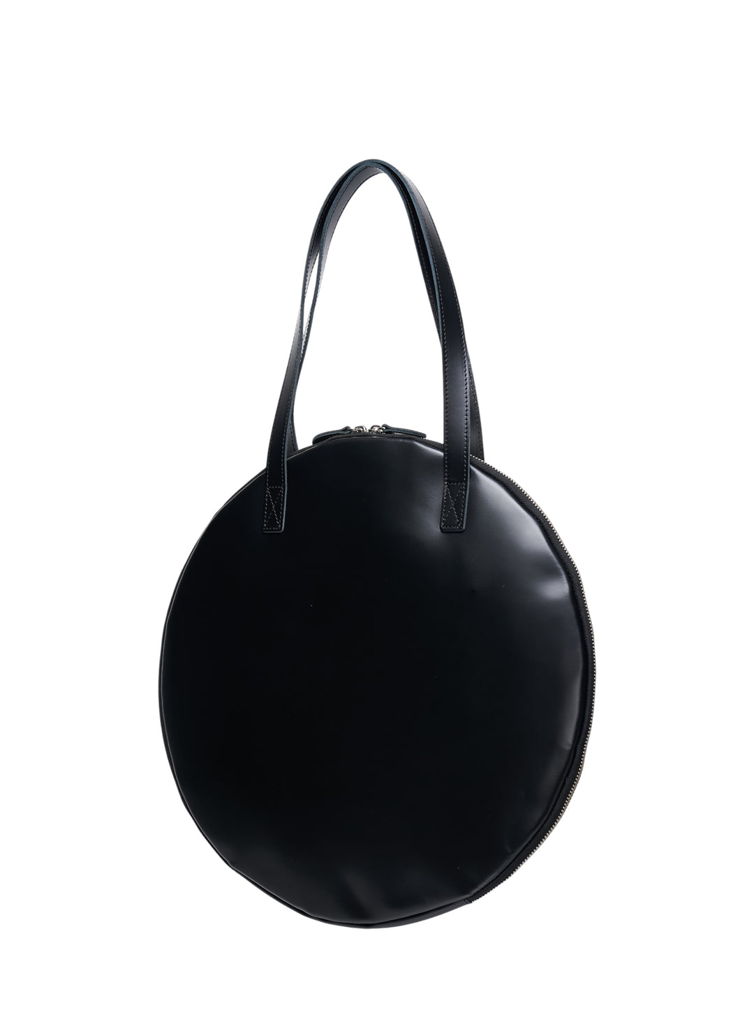 Junya Watanabe black circular top handle bag with three-dimensional draped rose appliqué on the front, leather strap, and silver-tone zip closure - view 2