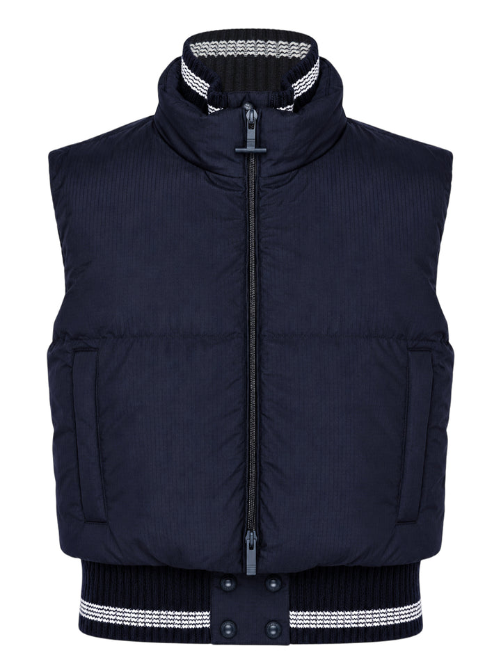 Thom Browne navy cropped down-filled zip-front vest with striped rib-knit collar and hem