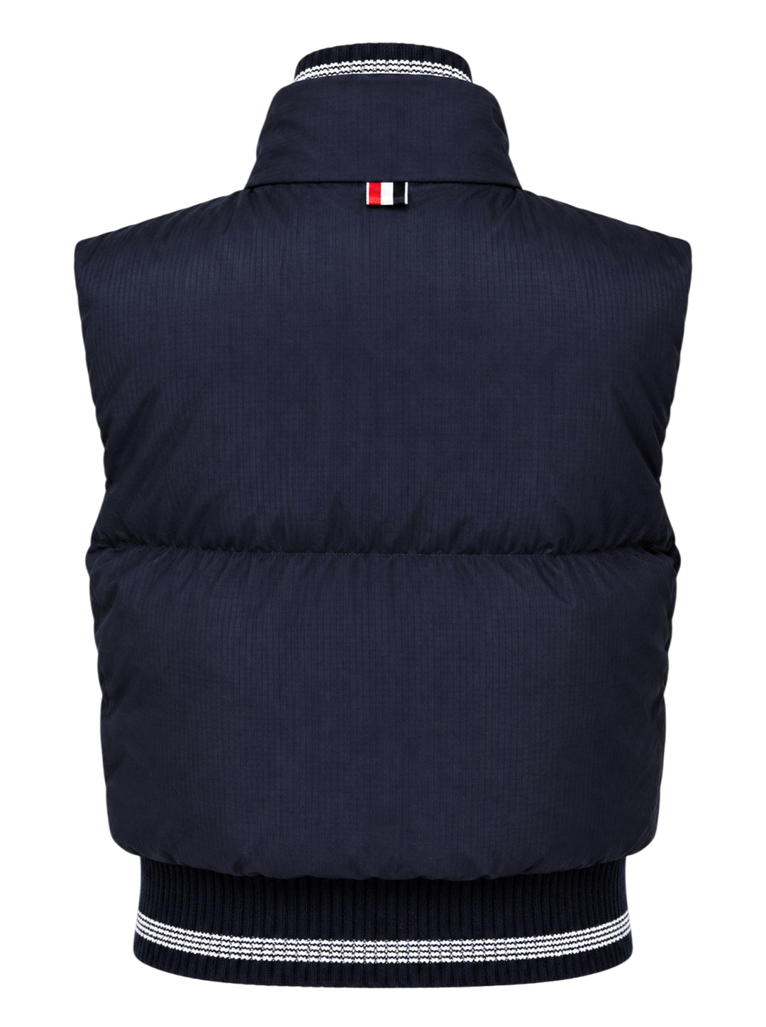 Thom Browne navy cropped down-filled zip-front vest with striped rib-knit collar and hem - view 2