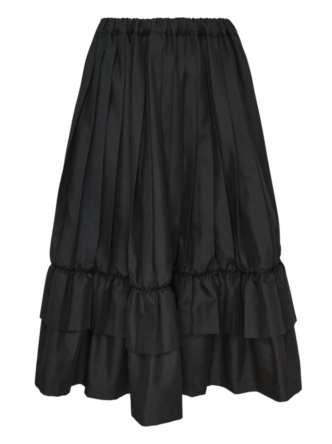 Tao black layered pleated midi skirt with elasticated waist, vertical pleats, gathered mid-section, and double-tiered ruffled hem, displayed on white background