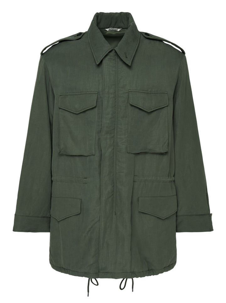 Auralee olive green padded blouson in brushed silk linen satin with four flap pockets, epaulettes and drawstring waist