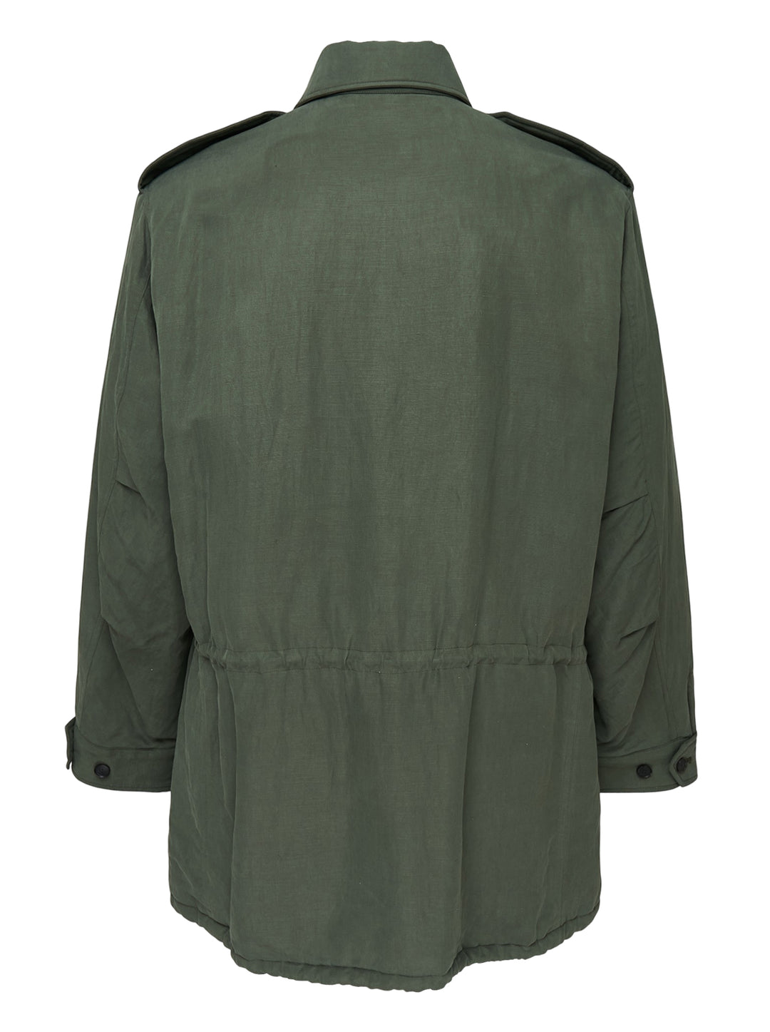 Auralee olive green padded blouson in brushed silk linen satin with four flap pockets, epaulettes and drawstring waist - view 2