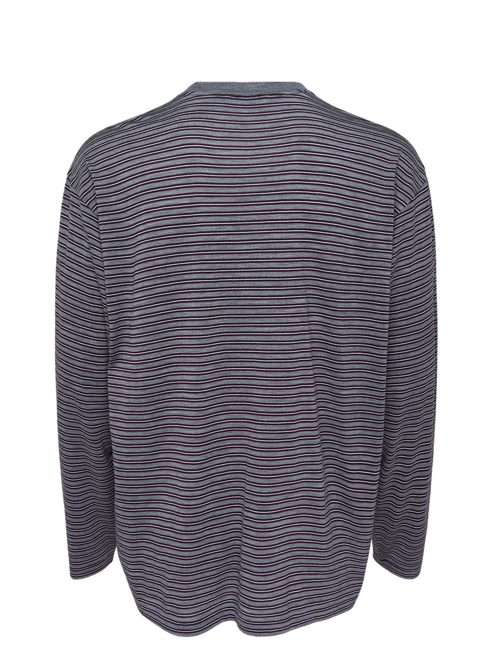 Auralee soft smooth wool stripe long sleeve tee in heather grey with fine plum and white stripes, shown flat from the front - view 2