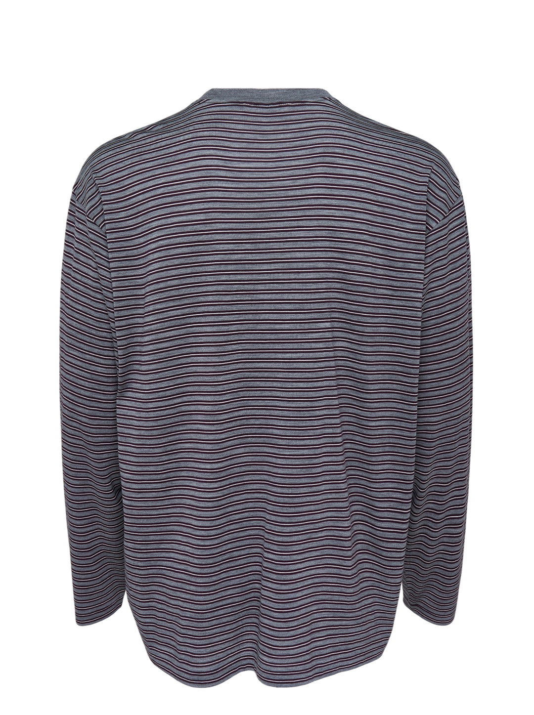 Auralee soft smooth wool stripe long sleeve tee in heather grey with fine plum and white stripes, shown flat from the front - view 2