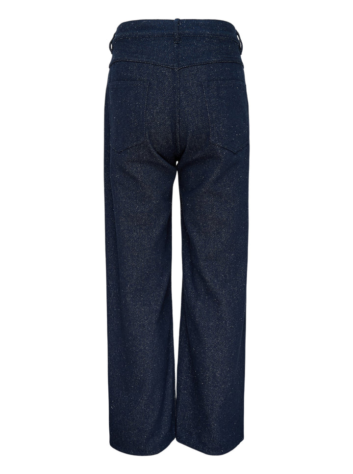 Auralee silk nep denim five-pocket wide pants in flecked dark indigo, shown front view - view 2