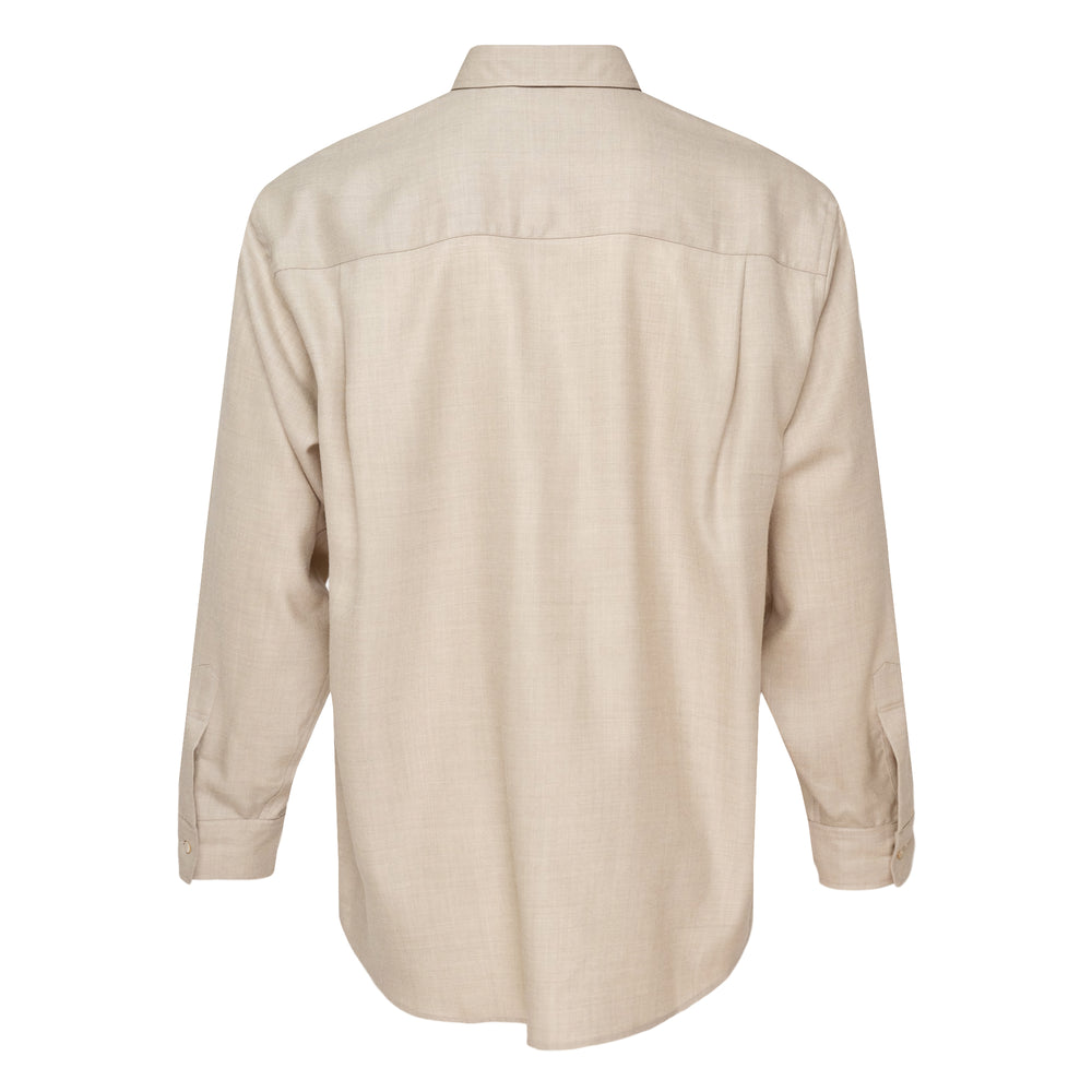 Auralee Super Light Wool Long Sleeve Shirt in warm beige, featuring a classic point collar, mother-of-pearl buttons, relaxed silhouette, and barrel cuffs - view 2