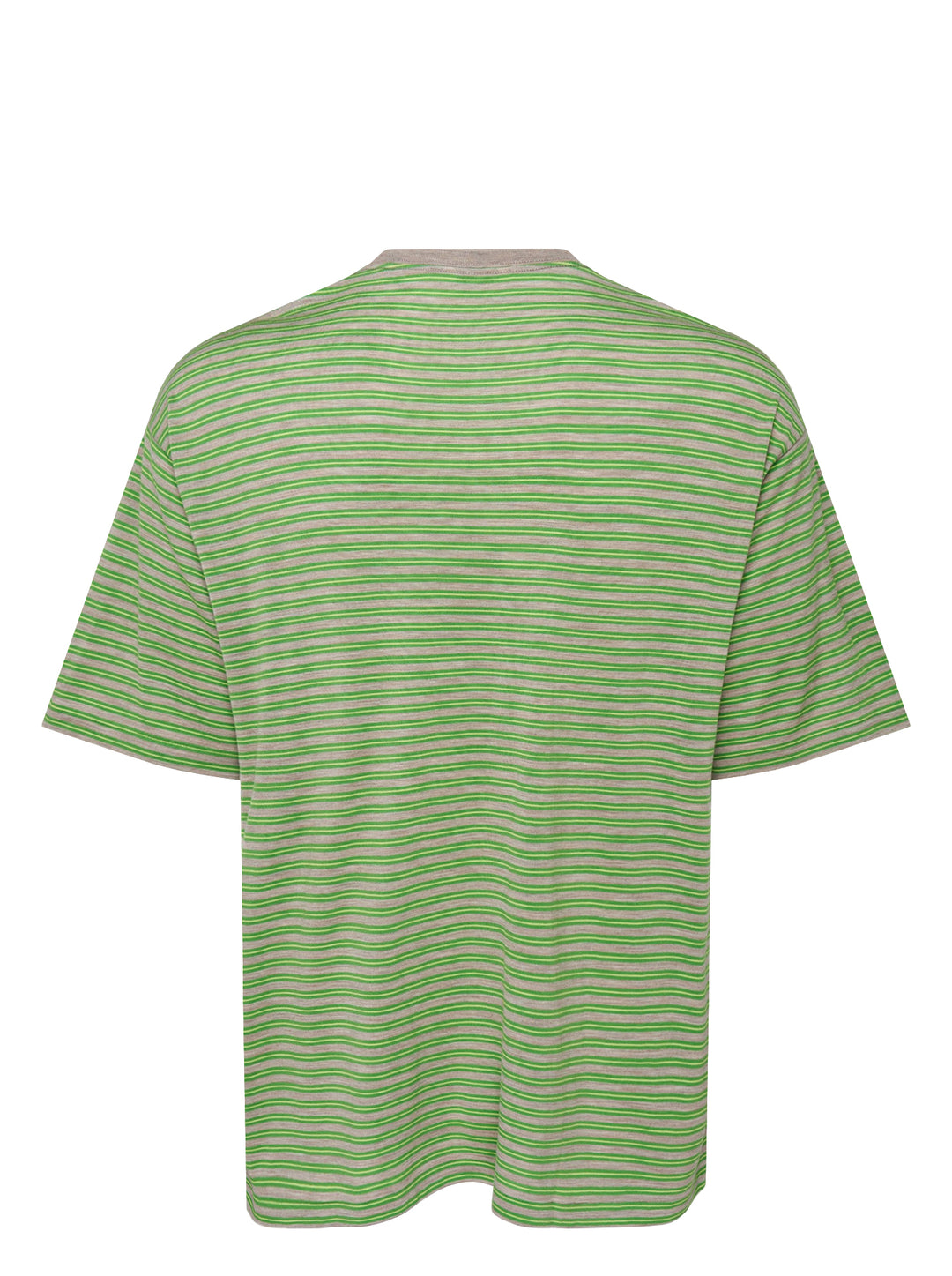 Auralee oversized short-sleeve tee in soft wool jersey with fine green and taupe horizontal stripes and a taupe ribbed crew neck - view 2