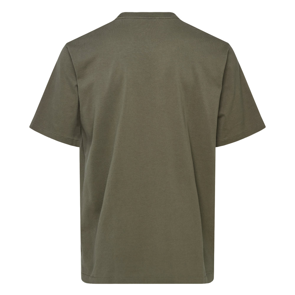 Auralee Luster Plaiting Tee in olive green, featuring a ribbed crewneck, dropped shoulders, and a relaxed short-sleeve silhouette, displayed flat on a white background - view 2