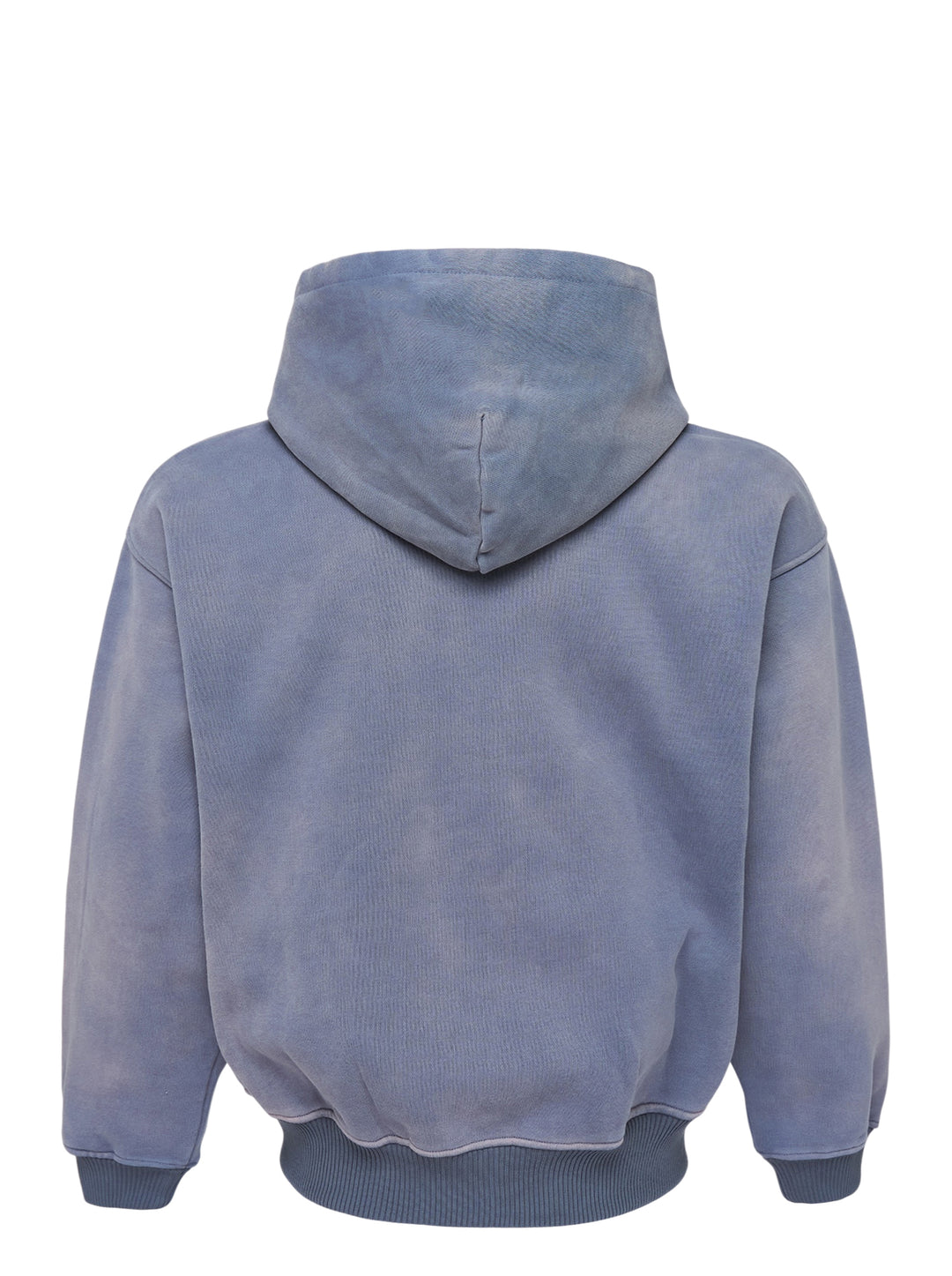KidSuper Studios washed blue-grey zip hoodie with a patchwork appliqué face featuring mismatched eyes, nose and lips, shown from the front with drawstring hood and kangaroo pocket - view 2
