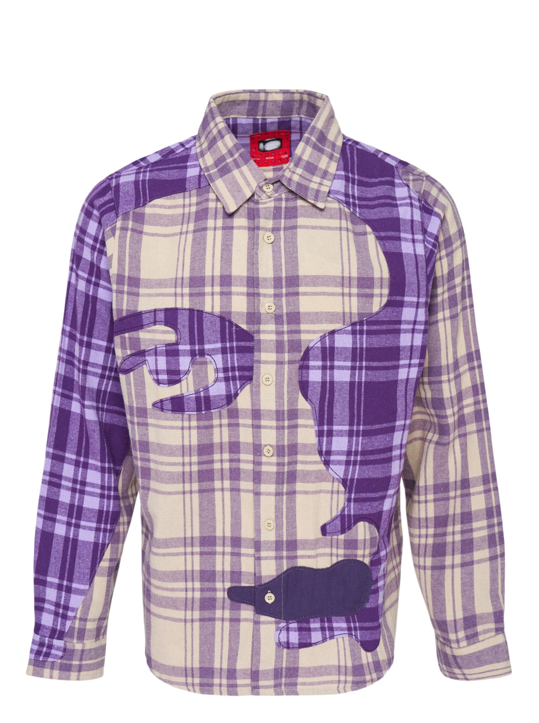 KidSuper Studios Patchwork Face Flannel Shirt in purple and cream plaid with abstract appliqué face panels, shown from the front