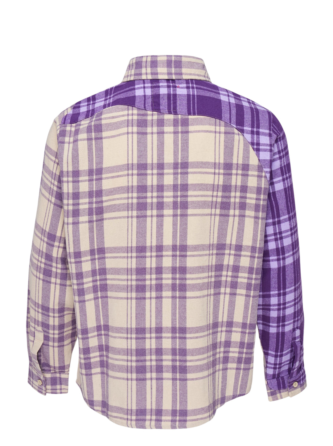 KidSuper Studios Patchwork Face Flannel Shirt in purple and cream plaid with abstract appliqué face panels, shown from the front - view 2