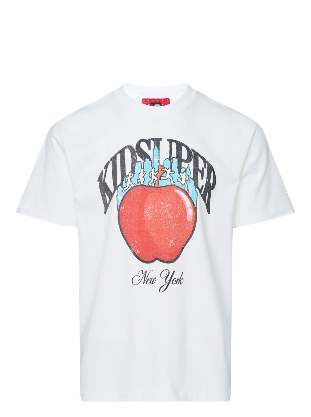 White KidSuper Studios short sleeve tee with a distressed red apple graphic, blue New York skyline, running figures and New York script lettering