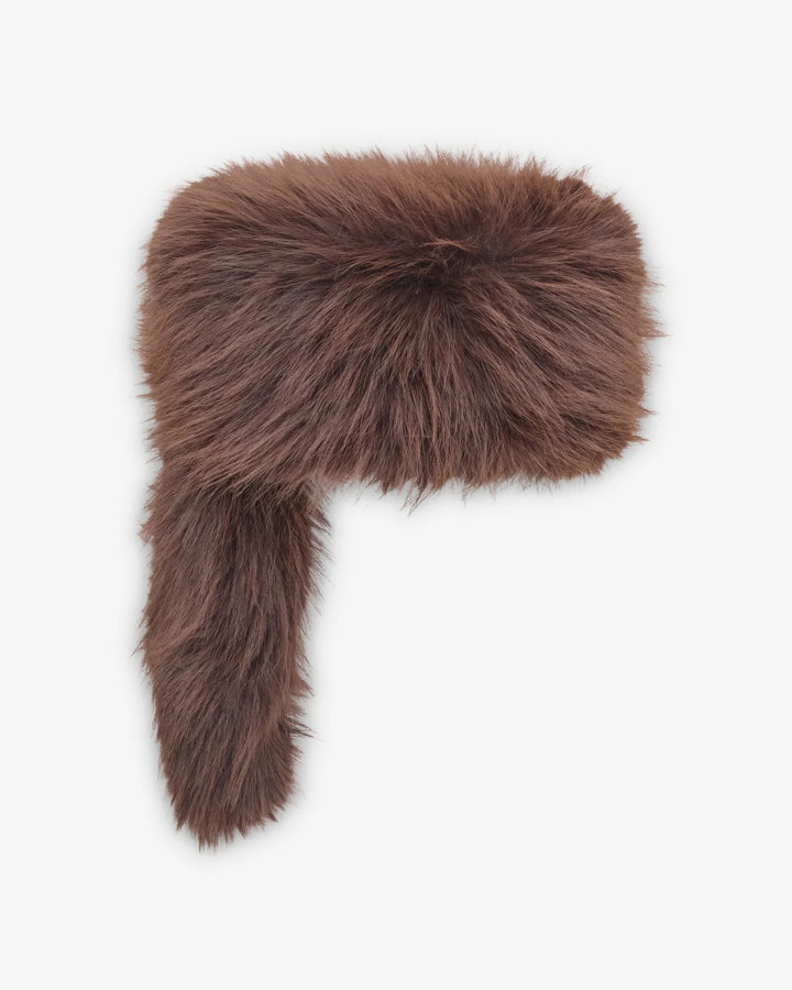 Vaquera chocolate brown woven raccoon tail hat with a rounded plush crown and long tail, shown against a white background - view 3