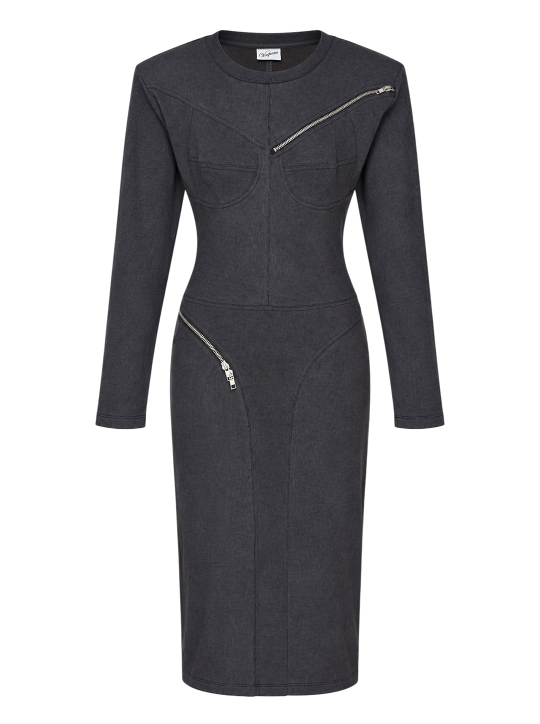 Vaquera women's charcoal long sleeve knit dress with corset-style bodice seams, padded shoulders and diagonal silver zippers