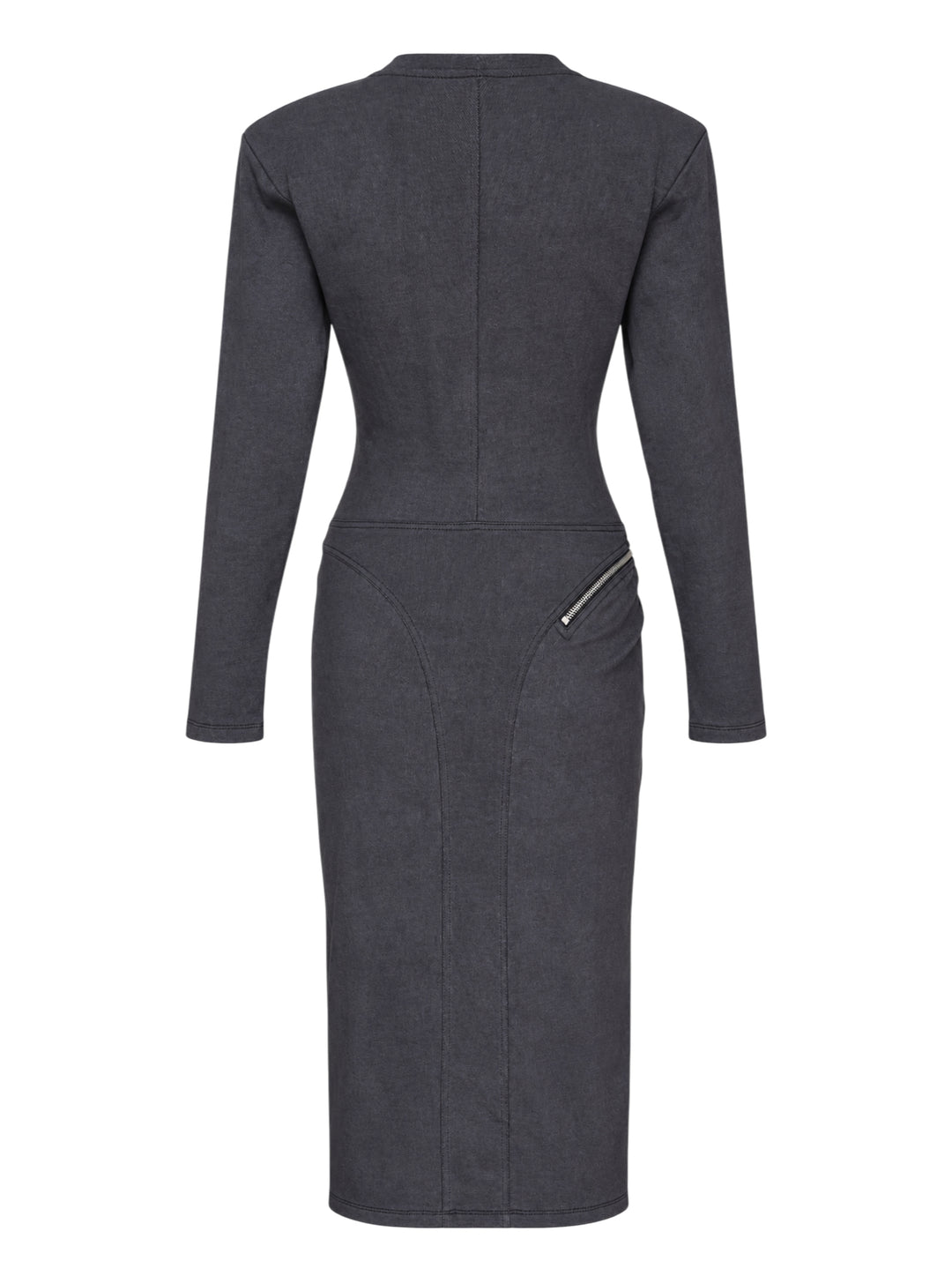 Vaquera women's charcoal long sleeve knit dress with corset-style bodice seams, padded shoulders and diagonal silver zippers - view 2