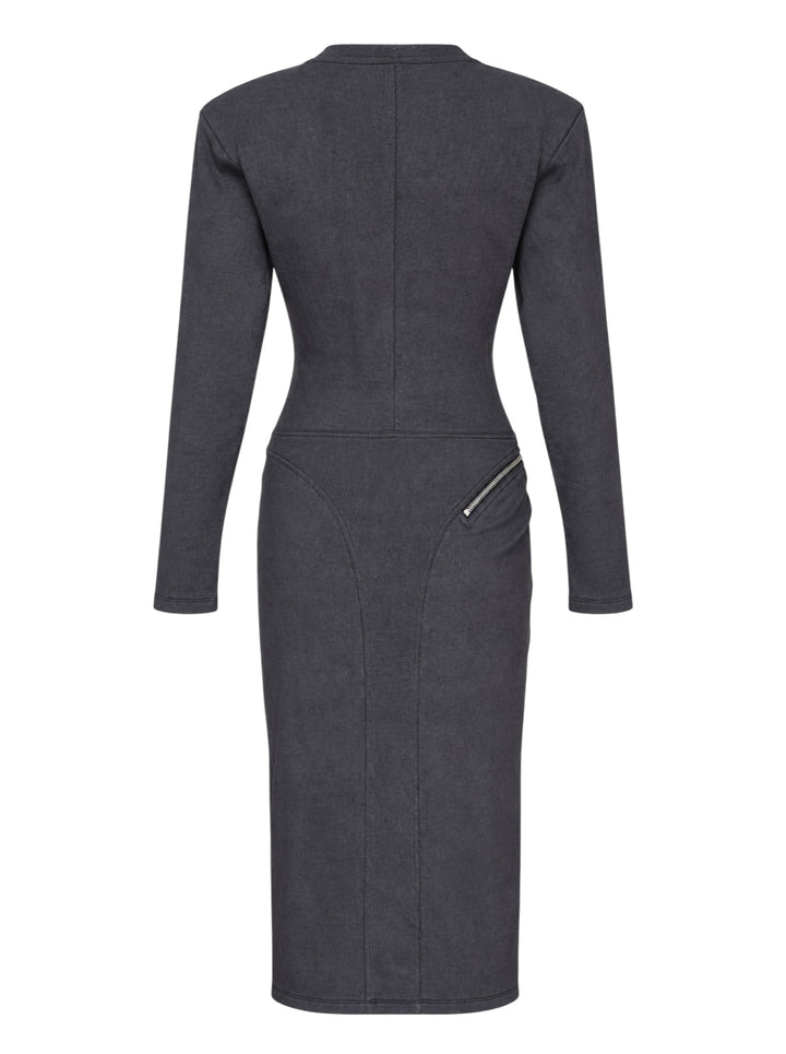Vaquera women's charcoal long sleeve knit dress with corset-style bodice seams, padded shoulders and diagonal silver zippers - view 2
