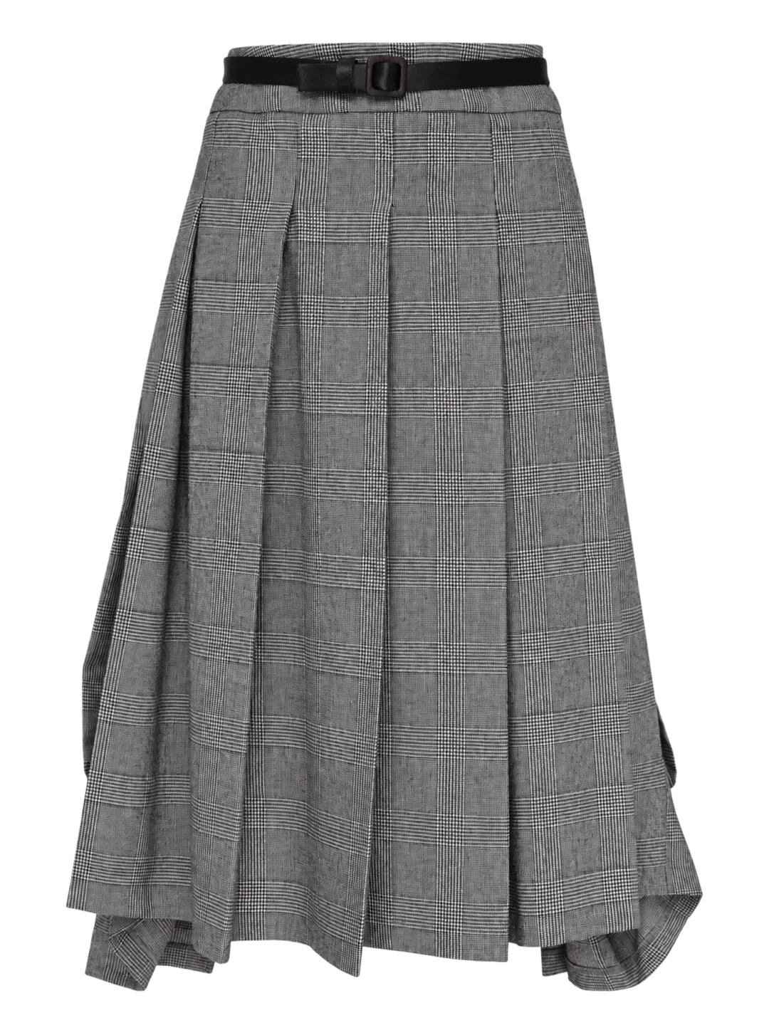 Vaquera grey houndstooth check pleated midi skirt with asymmetric draped hem and slim black buckle belt