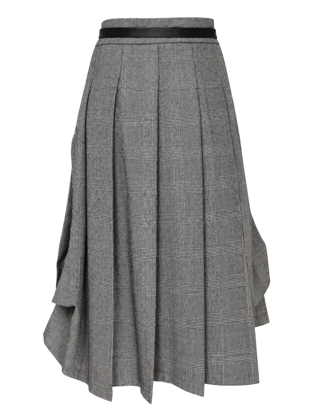 Vaquera grey houndstooth check pleated midi skirt with asymmetric draped hem and slim black buckle belt - view 2