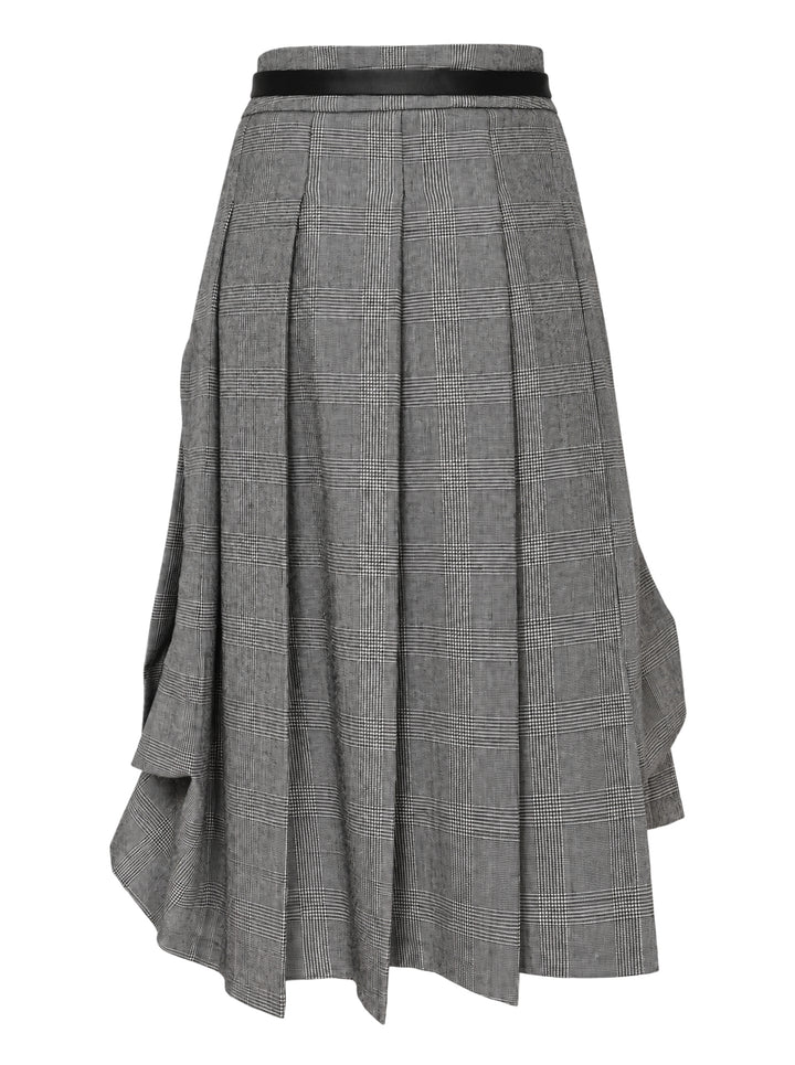 Vaquera grey houndstooth check pleated midi skirt with asymmetric draped hem and slim black buckle belt - view 2