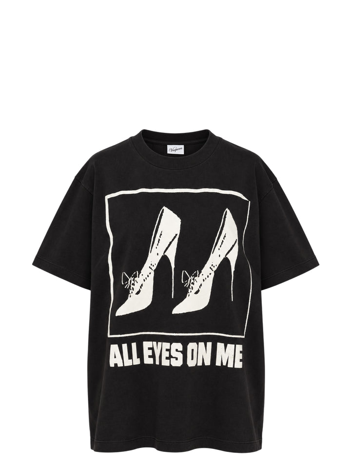 Vaquera All Eyes On Me washed black oversized T-shirt with white stiletto heel graphic and slogan print
