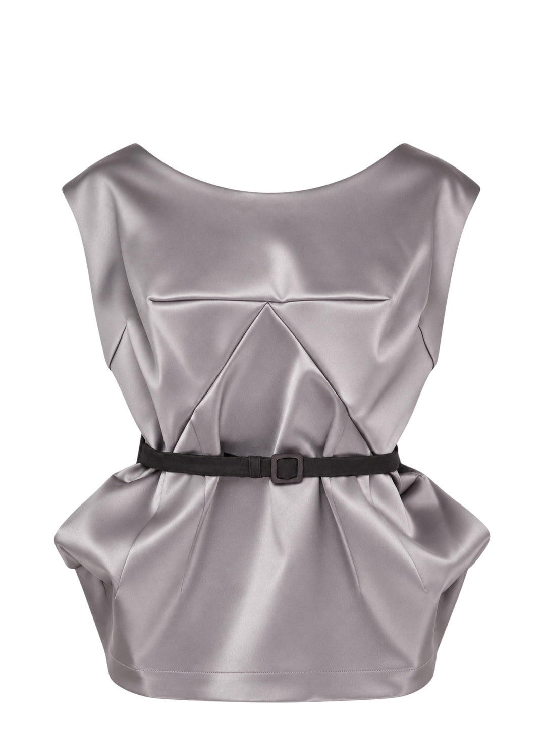 Vaquera grey satin sleeveless top with origami-style pleating, a scooped neckline and a slim black buckle belt at the waist