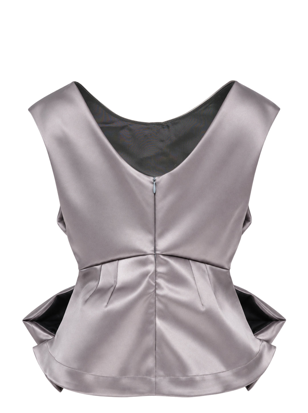 Vaquera grey satin sleeveless top with origami-style pleating, a scooped neckline and a slim black buckle belt at the waist - view 2