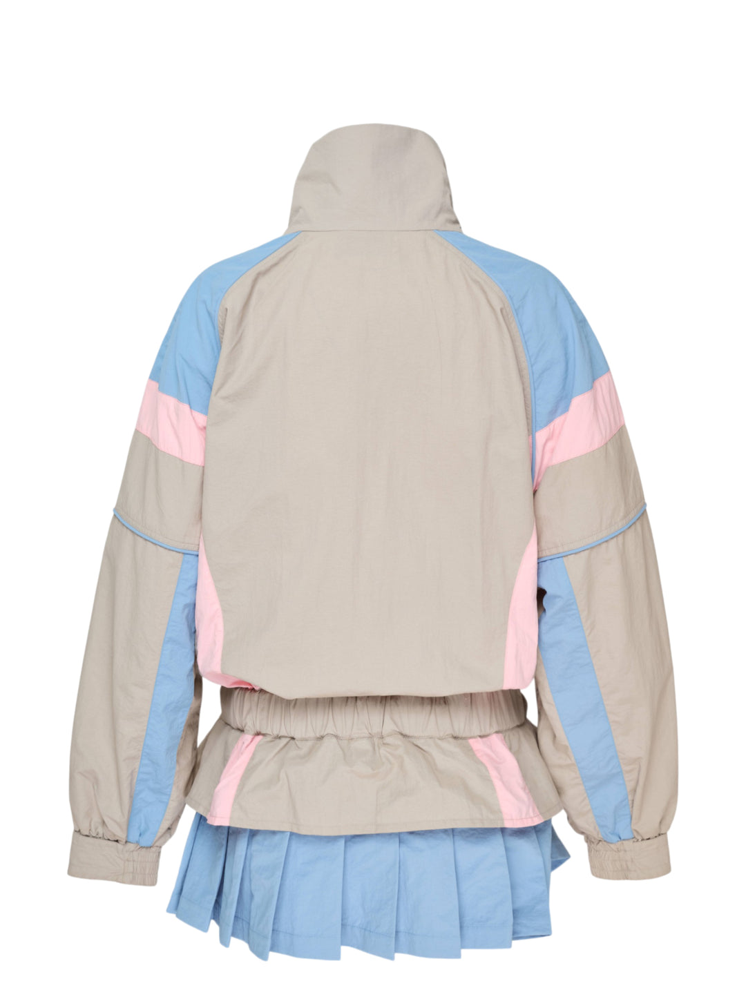 Ashley Williams grey windbreaker dress with sky blue and blush pink colourblock chevron panels, elasticated ruched waist, long sleeves with elasticated cuffs, and a pleated sky blue hem, photographed flat on a white background - view 2