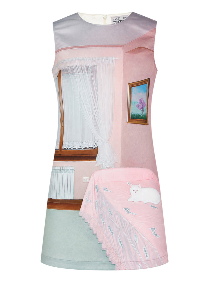 Ashley Williams Room Print Mini Dress featuring a photographic pink bedroom interior print with sheer curtains, a framed landscape painting, a radiator, and a white cat resting on a lace-edged bed, in a sleeveless A-line silhouette