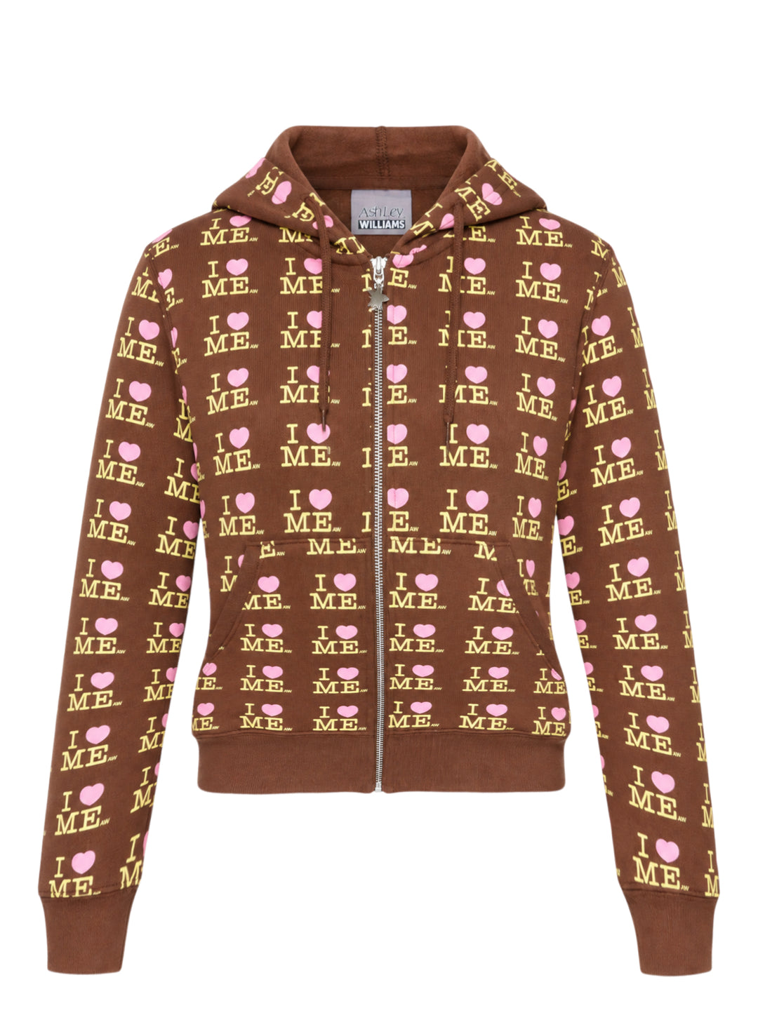 Ashley Williams chocolate brown zip-up hoodie with all-over 'I Heart Me' repeat print in yellow and pink, featuring a star-pull zip, drawstring hood, and cropped silhouette