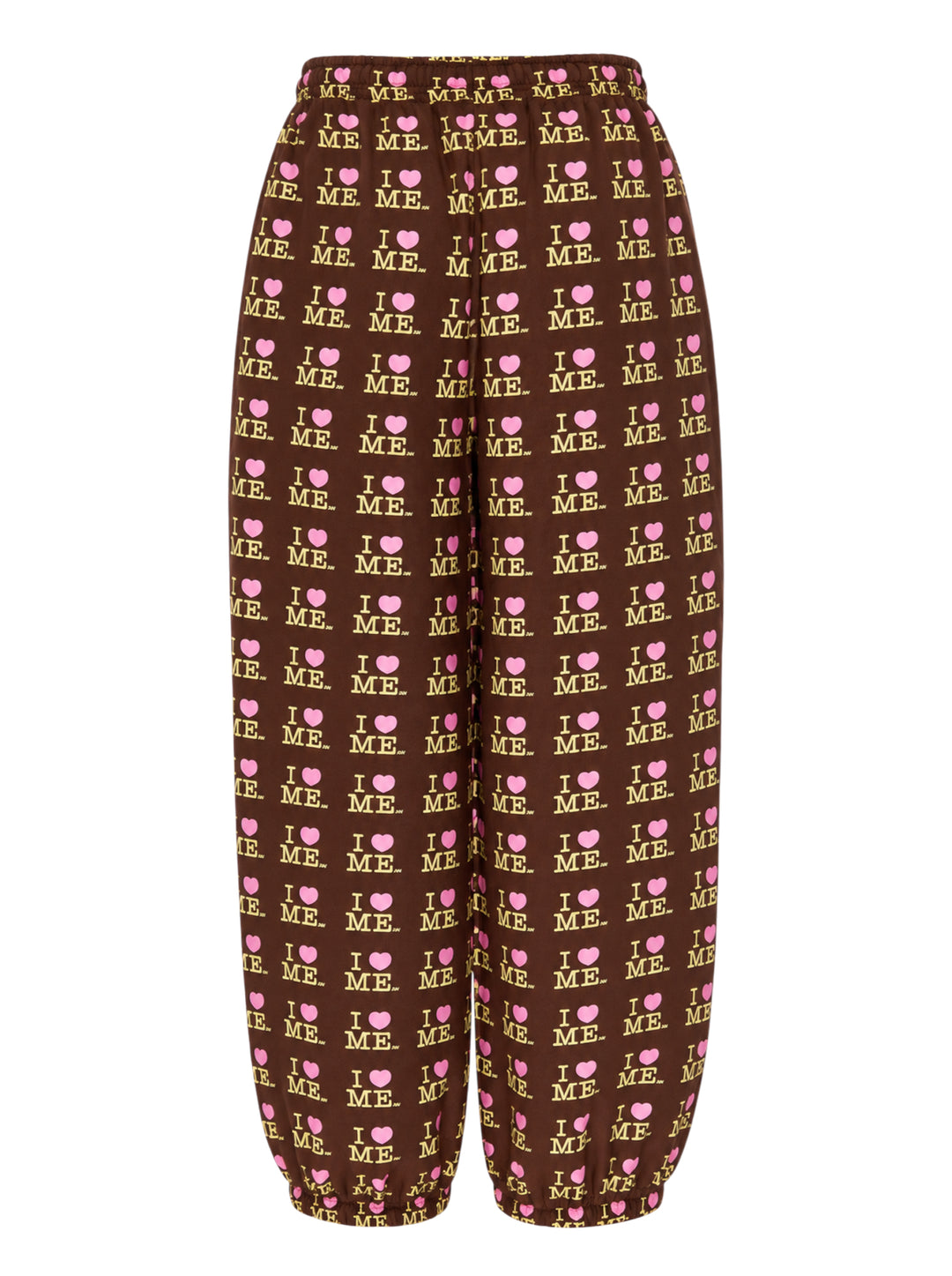 Ashley Williams Choco I Heart Me Joggers in dark brown with all-over pink and yellow 'I ♥ ME' repeat print, drawstring waistband and elasticated gathered cuffs - view 2
