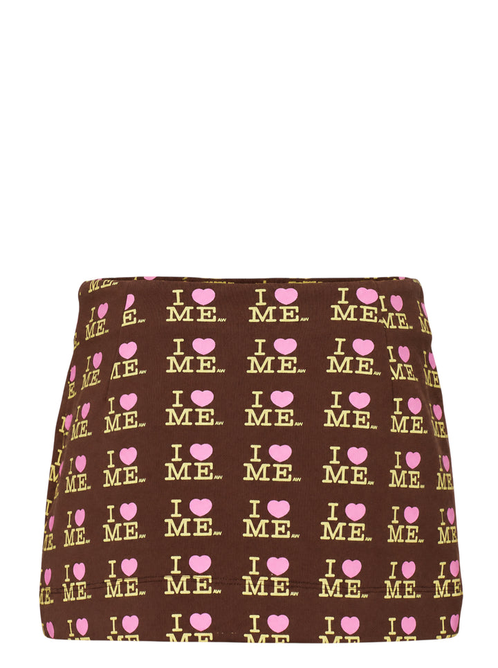 Ashley Williams Choco I Heart Me Mini Skirt in chocolate brown with all-over 'I ♥ ME' logo repeat print in yellow and pink, featuring a fitted A-line silhouette and structured waistband - view 2