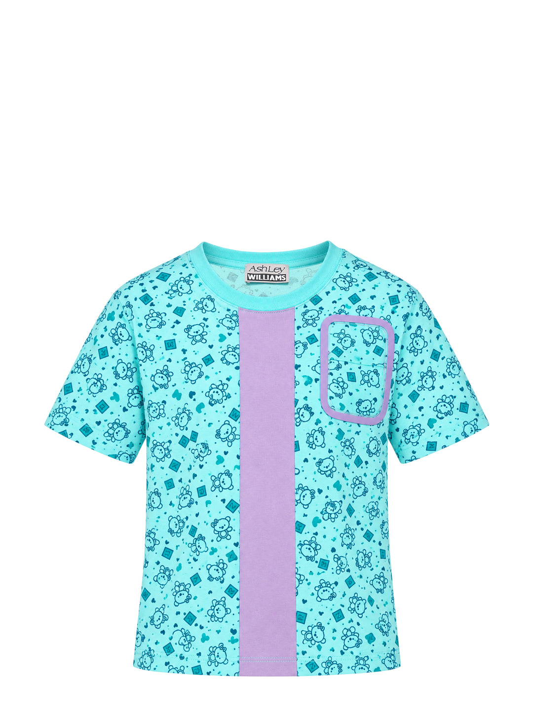 Ashley Williams Bear Window T-Shirt in aqua with all-over illustrated bear print, vertical purple centre stripe, contrast-trimmed chest patch pocket, and crew neckline