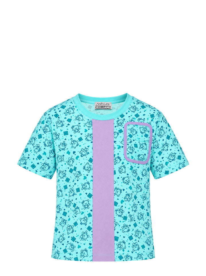 Ashley Williams Bear Window T-Shirt in aqua with all-over illustrated bear print, vertical purple centre stripe, contrast-trimmed chest patch pocket, and crew neckline