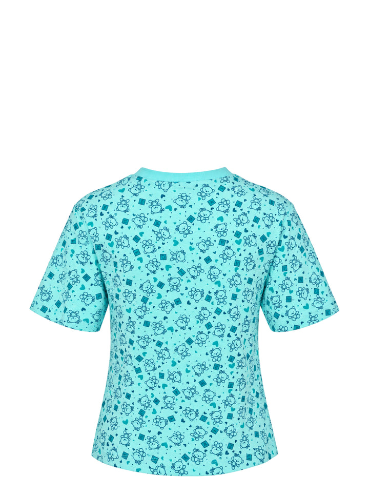 Ashley Williams Bear Window T-Shirt in aqua with all-over illustrated bear print, vertical purple centre stripe, contrast-trimmed chest patch pocket, and crew neckline - view 2