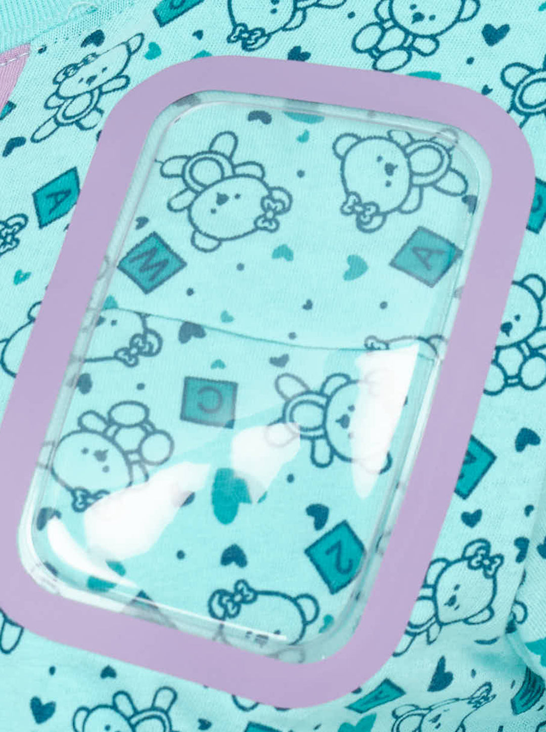 Ashley Williams Bear Window T-Shirt in aqua with all-over illustrated bear print, vertical purple centre stripe, contrast-trimmed chest patch pocket, and crew neckline - view 4