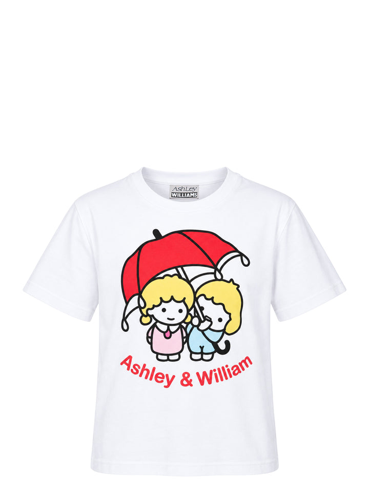 Ashley Williams white graphic tee featuring the Ashley & William cartoon characters — two blonde figures standing together under a red umbrella — with 'Ashley & William' printed in red text below