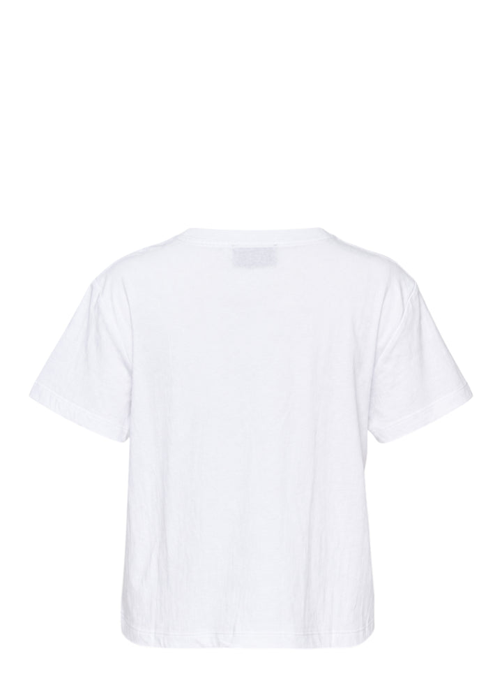 Ashley Williams white graphic tee featuring the Ashley & William cartoon characters — two blonde figures standing together under a red umbrella — with 'Ashley & William' printed in red text below - view 2