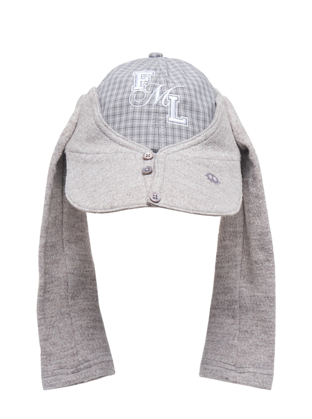 Sultry Virgin Alumni Cardigan Cap in grey plaid with embroidered FML monogram, featuring an attached grey knit cardigan with button placket and hanging sleeves